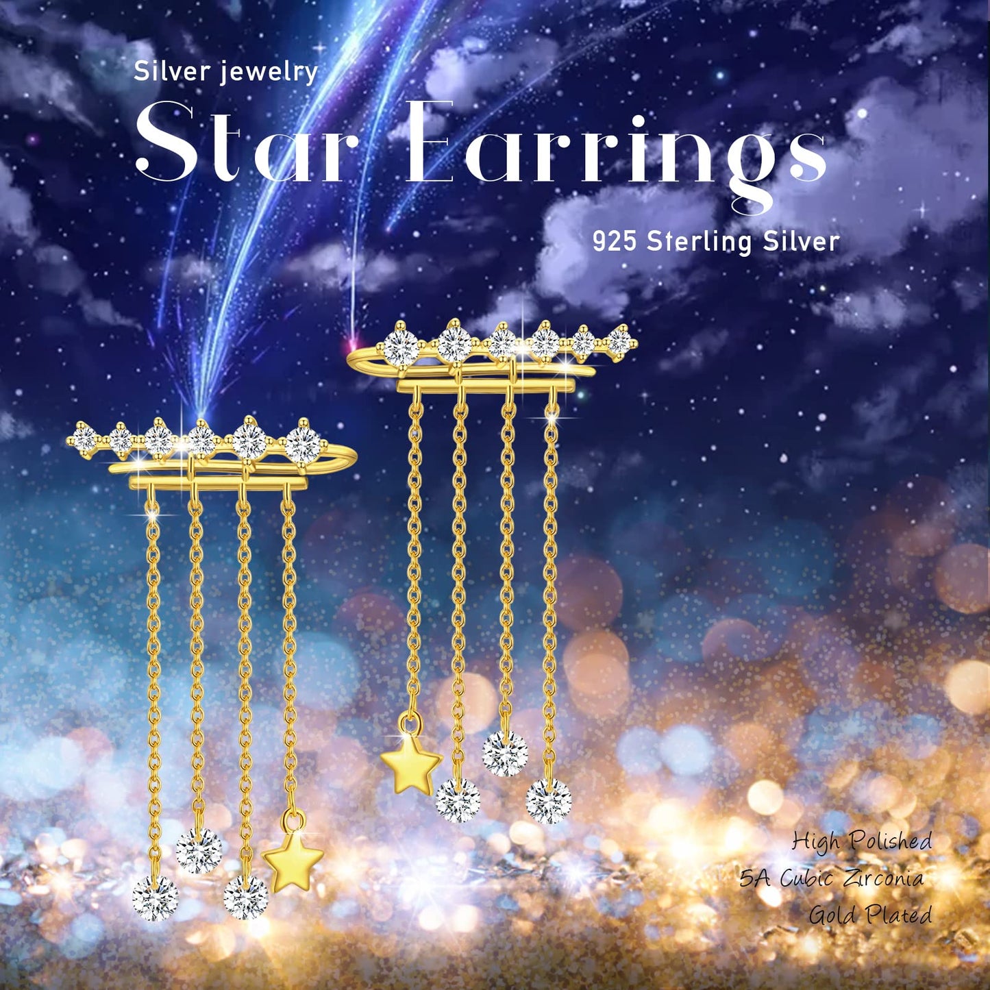 Stars Climber Earrings 925 Sterling Silver Plated Gold Crawler Earrings Tassel Chain For Women