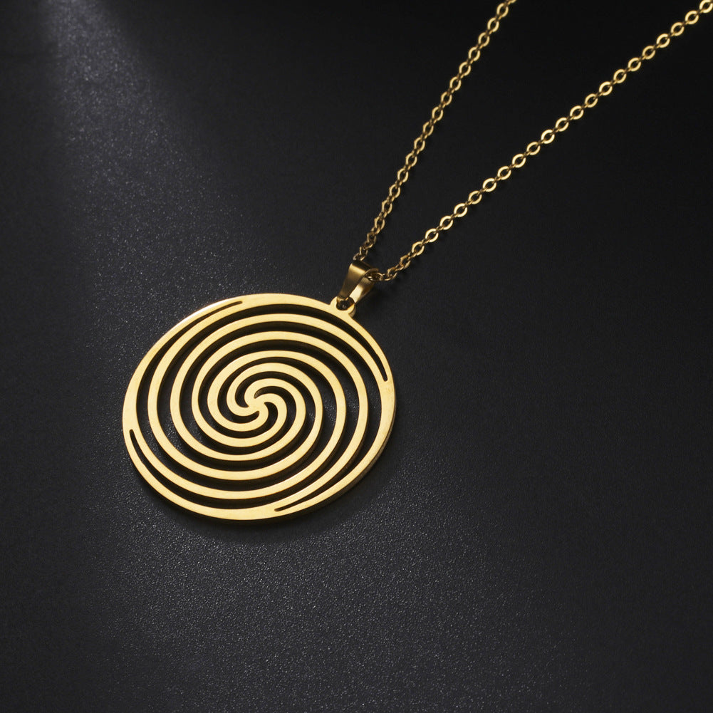 Titanium Steel Cut Hollow Vortex Round Pendant Necklace