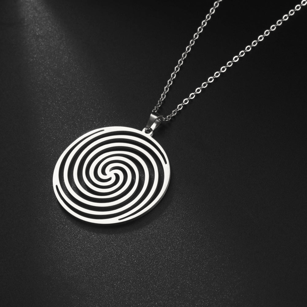 Titanium Steel Cut Hollow Vortex Round Pendant Necklace