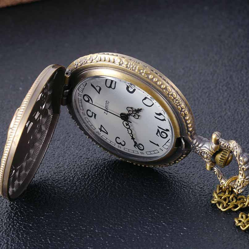 Bronze Carved Hollow Large Elephant Carved Quartz Pocket Watch