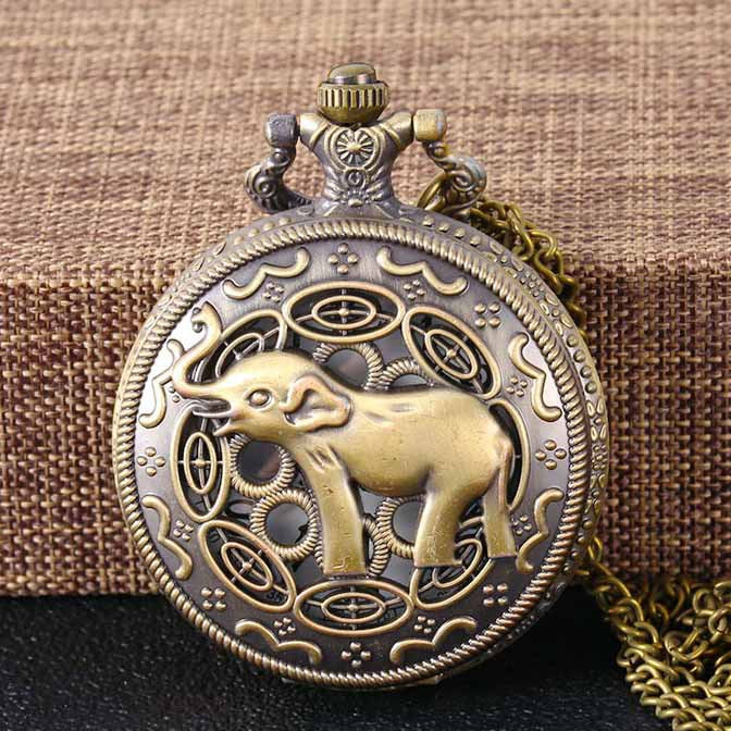 Bronze Carved Hollow Large Elephant Carved Quartz Pocket Watch