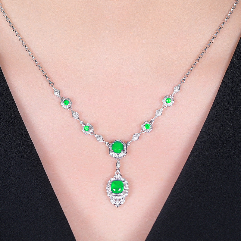 Noble Diamond Green Gem Evening Dress Chain Pendant Necklace Set