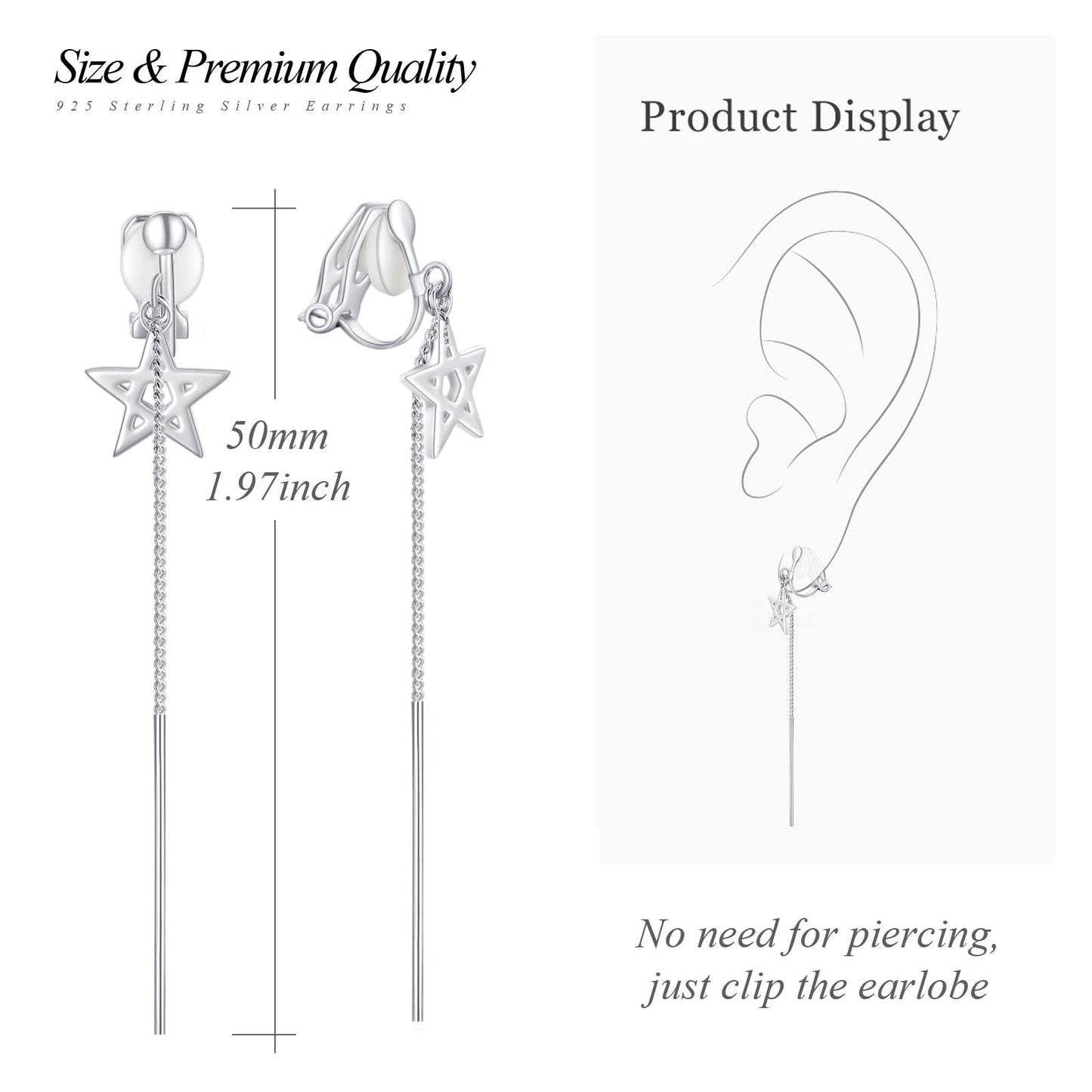 Star Chain Tassel Earrings, Earrings for Women Girls, Earrings No Piercing, Long Tassel S925 Sterling Silver Earrings