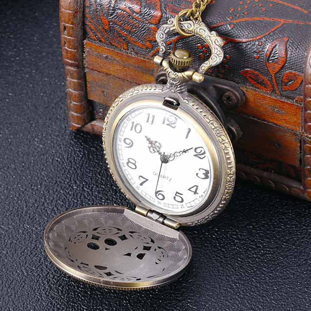 Bronze Carved Hollow Large Elephant Carved Quartz Pocket Watch