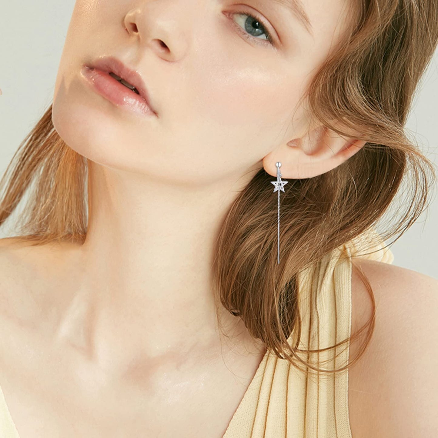 Star Chain Tassel Earrings, Earrings for Women Girls, Earrings No Piercing, Long Tassel S925 Sterling Silver Earrings