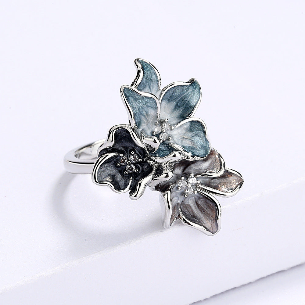 Splash Ink Effect Epoxy Inlaid Zircon Vintage Flower Women's Ring