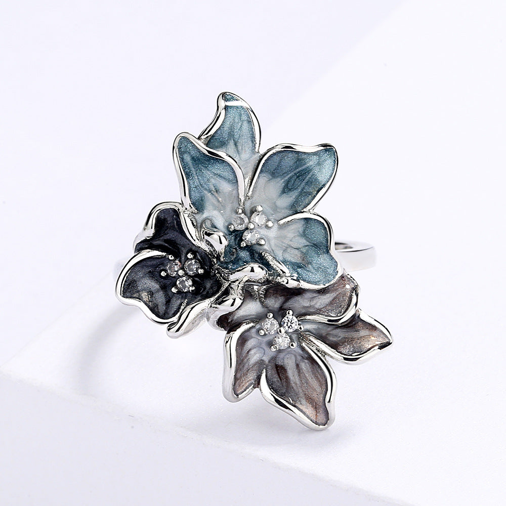 Splash Ink Effect Epoxy Inlaid Zircon Vintage Flower Women's Ring