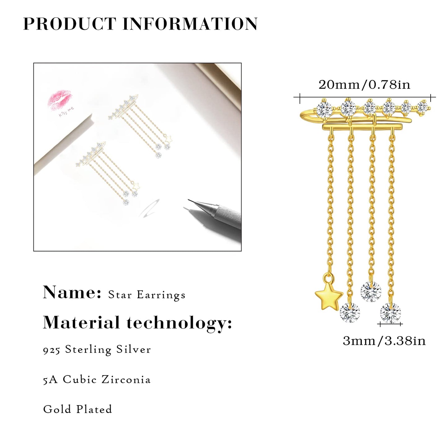 Stars Climber Earrings 925 Sterling Silver Plated Gold Crawler Earrings Tassel Chain For Women