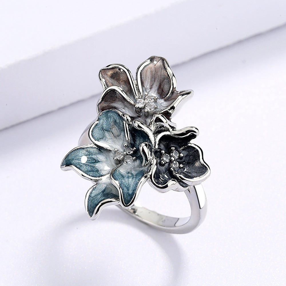 Splash Ink Effect Epoxy Inlaid Zircon Vintage Flower Women's Ring