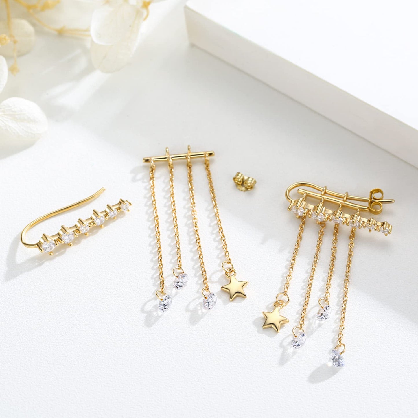 Stars Climber Earrings 925 Sterling Silver Plated Gold Crawler Earrings Tassel Chain For Women