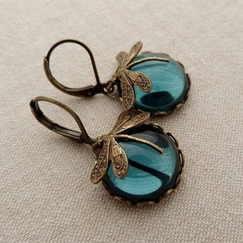 Vintage Dragonfly Pattern Earrings Distressed Moonstone