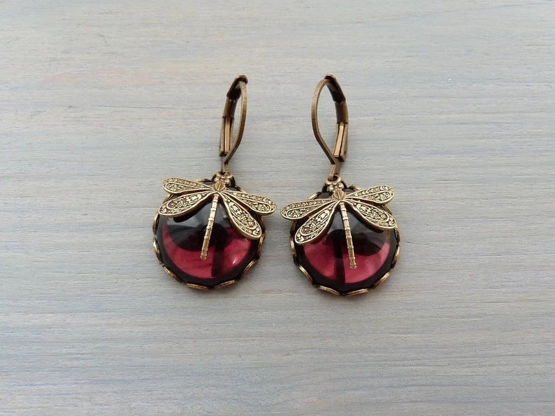 Vintage Dragonfly Pattern Earrings Distressed Moonstone