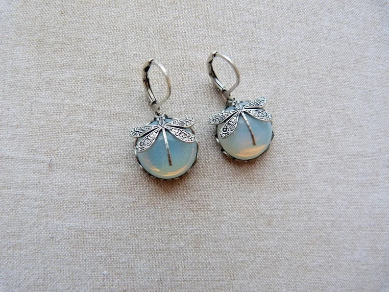 Vintage Dragonfly Pattern Earrings Distressed Moonstone