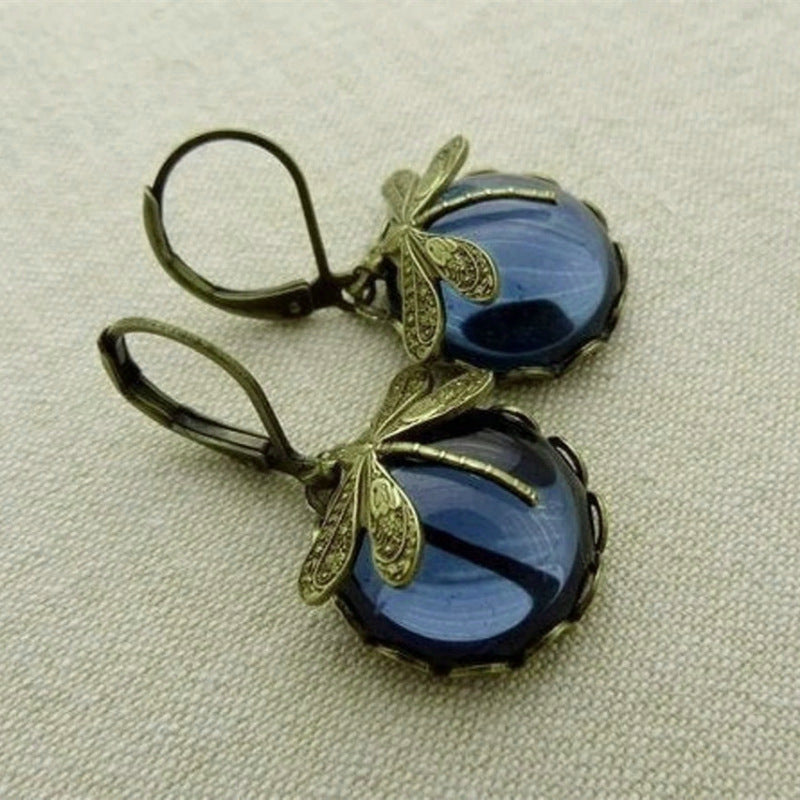 Vintage Dragonfly Pattern Earrings Distressed Moonstone