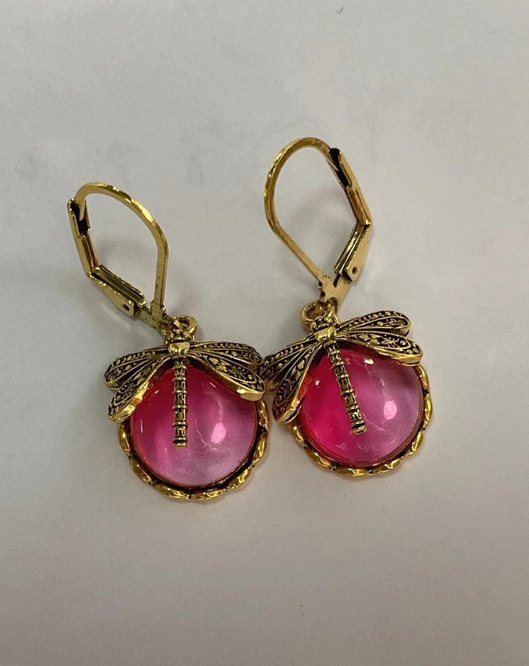 Vintage Dragonfly Pattern Earrings Distressed Moonstone