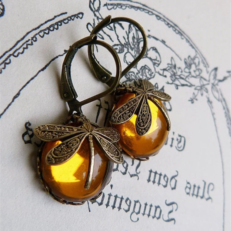 Vintage Dragonfly Pattern Earrings Distressed Moonstone