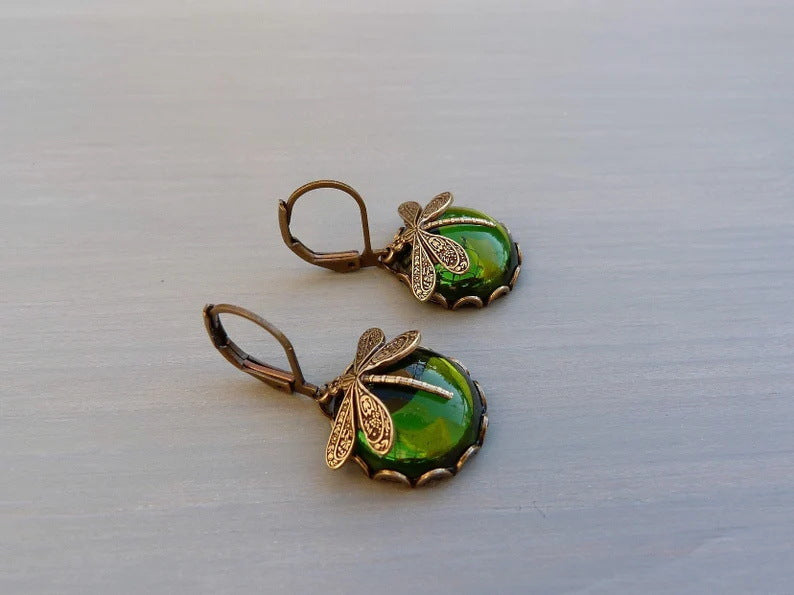 Vintage Dragonfly Pattern Earrings Distressed Moonstone