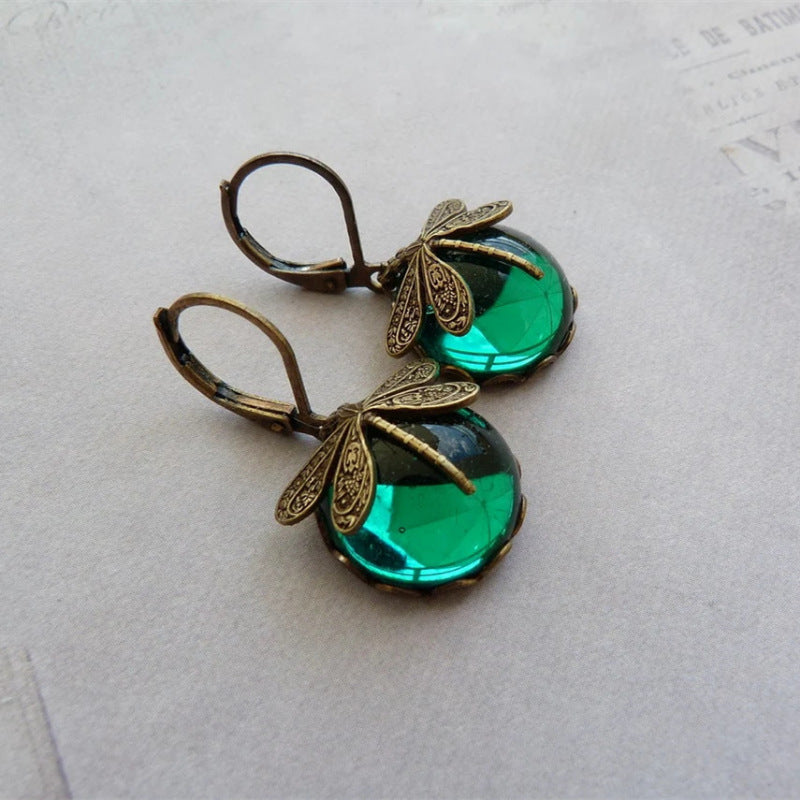Vintage Dragonfly Pattern Earrings Distressed Moonstone