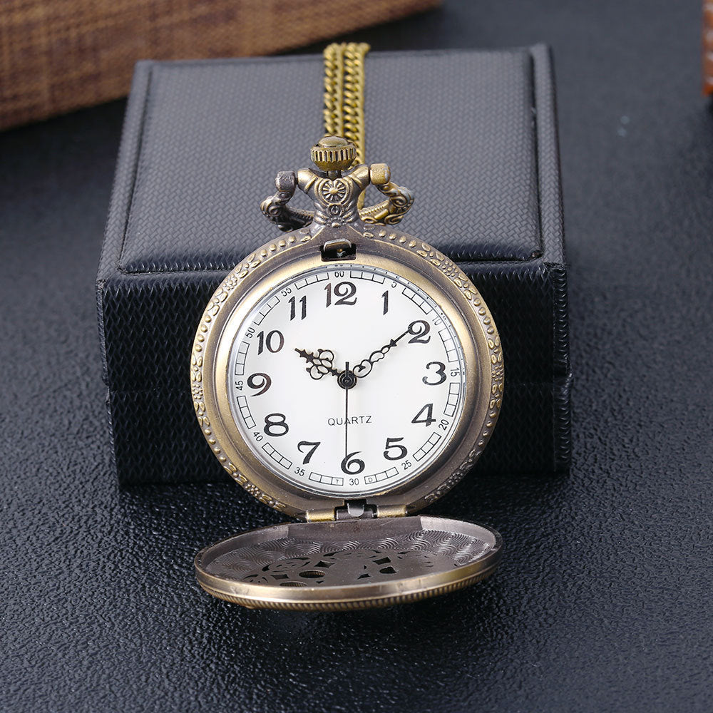 Bronze Carved Hollow Large Elephant Carved Quartz Pocket Watch