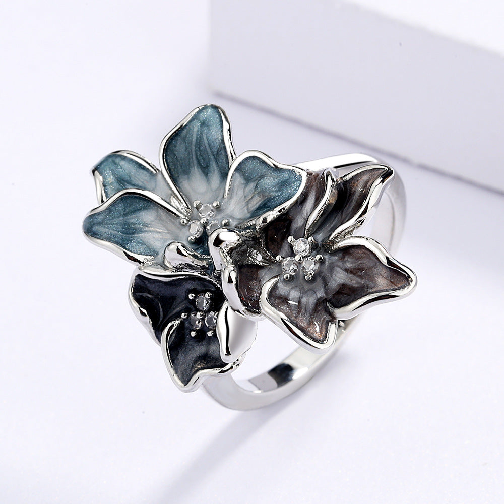 Splash Ink Effect Epoxy Inlaid Zircon Vintage Flower Women's Ring